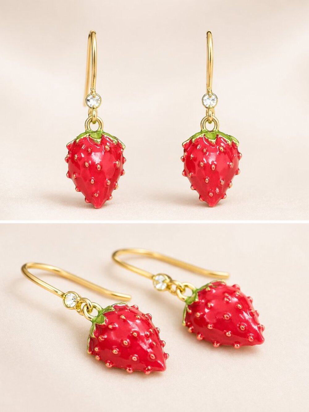 Red Enameled Strawberry Dangle Earrings Gold Toned